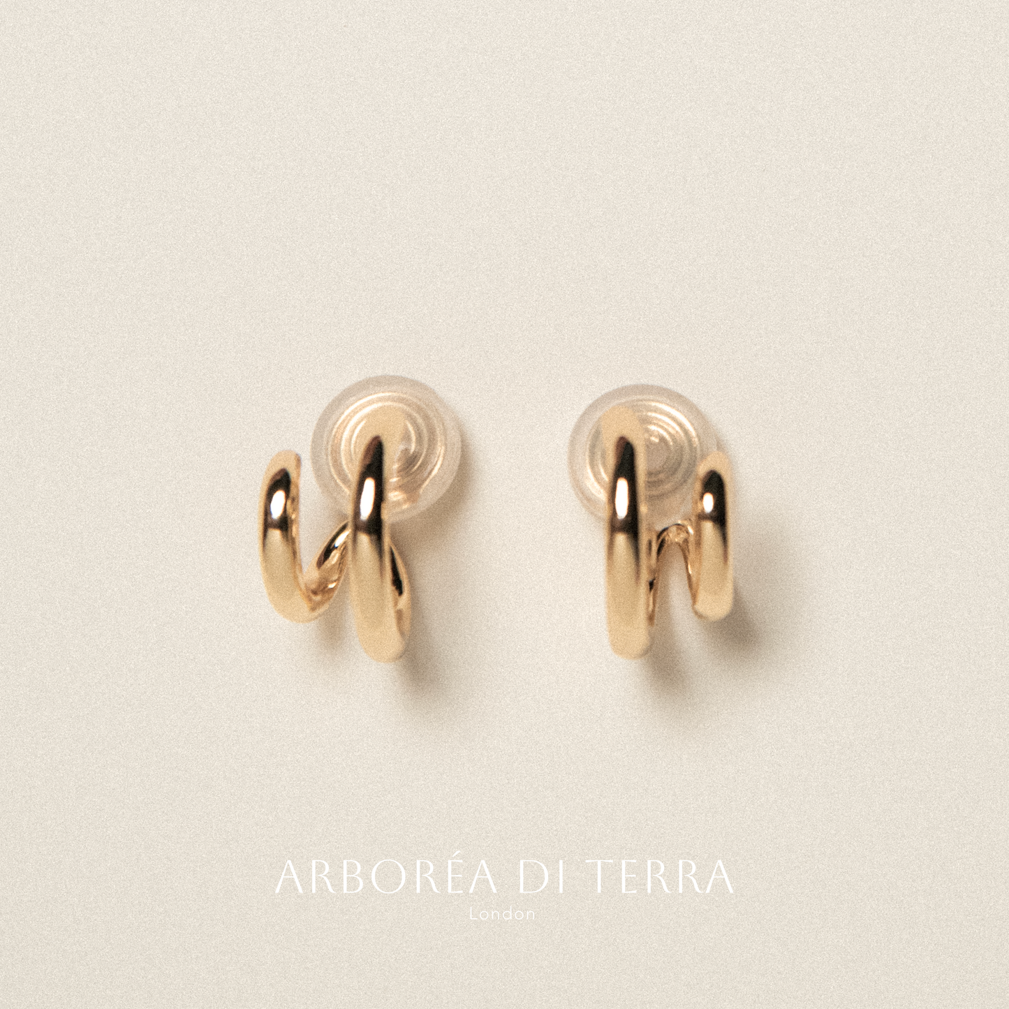 Pair of gold hoop earrings on a light beige background with 'Arborea Di Terra' branding.