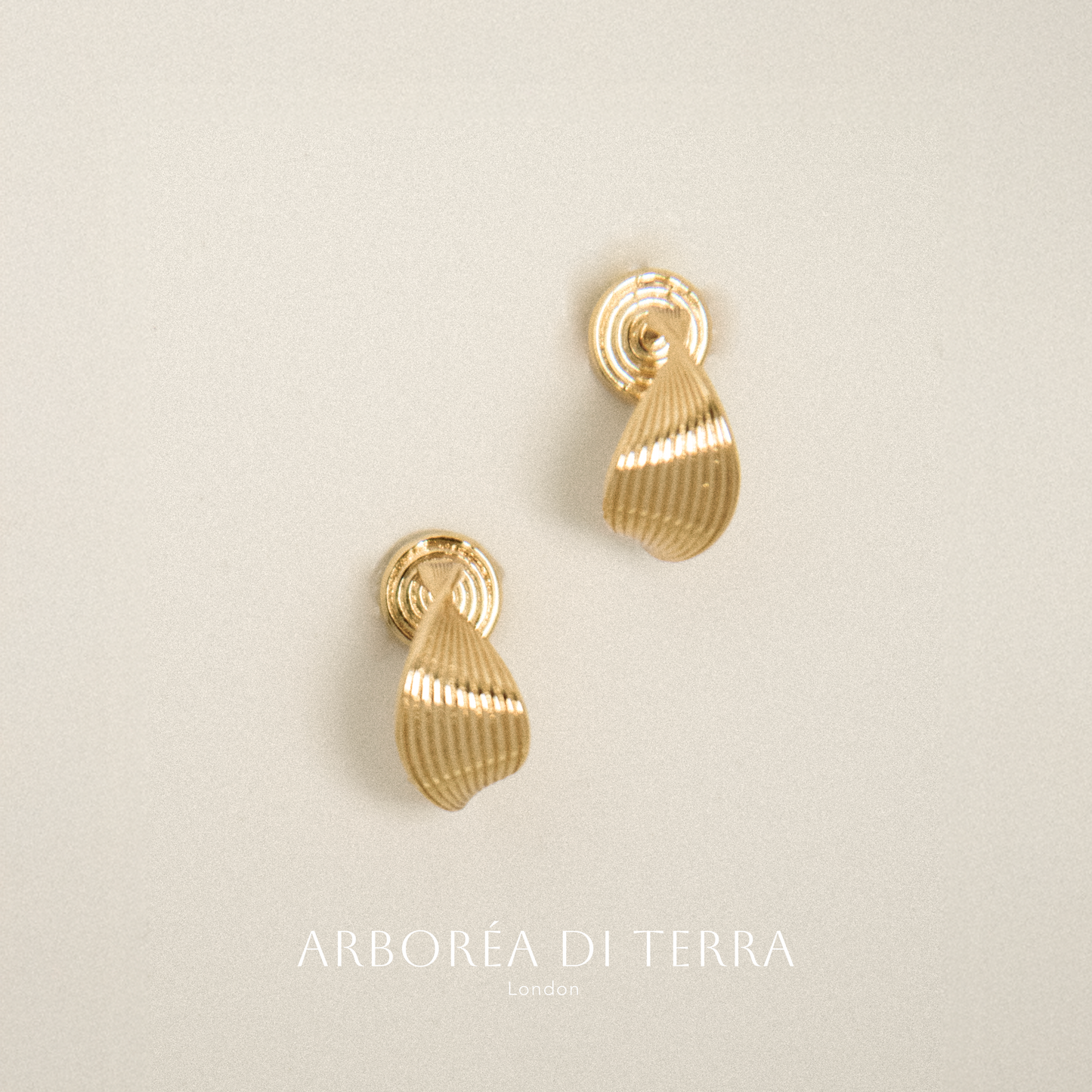 Gold shell-shaped earrings on a light beige background with 'Arborea di Terra' branding.