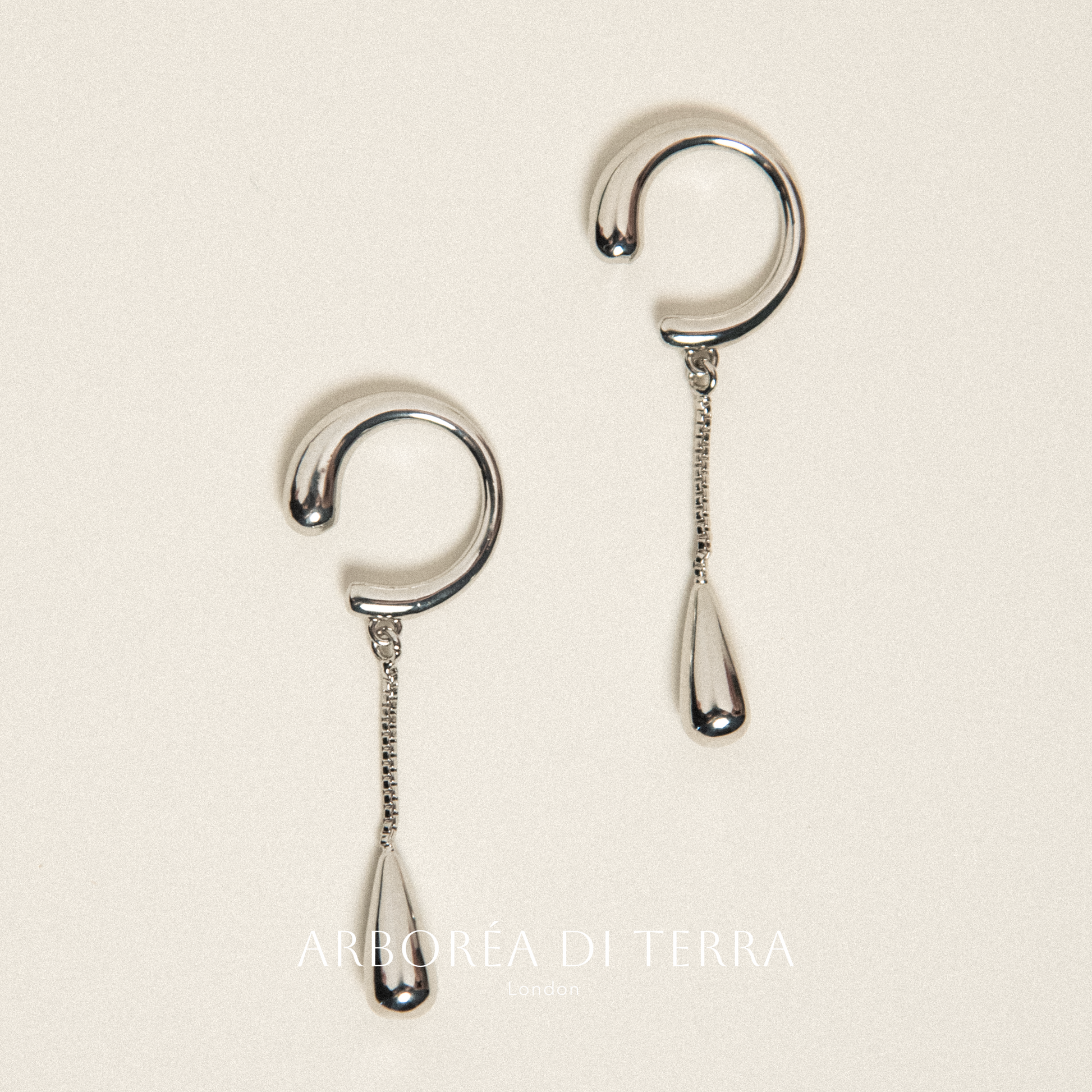 Pair of silver earrings with a hook design on a beige background