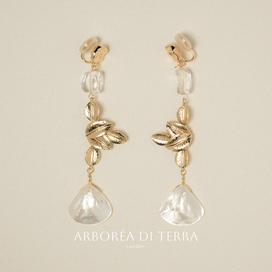 Clip on earrings with natual shell and plated gold leaves